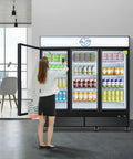Heavy Duty Commercial Display Refrigerator Three Section Hinged Glass Door with beverages, 46 Cubic Foot size in modern setting.
