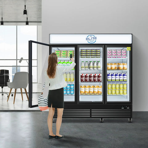 Heavy Duty Commercial Display Refrigerator Three Section Hinged Glass Door with beverages, 46 Cubic Foot size in modern setting.