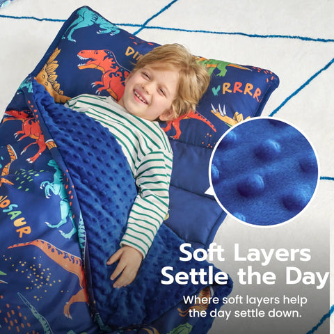 Toddler Nap Mat With Removable Pillow And Minky Blanket 55 By 30 Inches Colorful Dinosaur Design for Ages 3 To 6