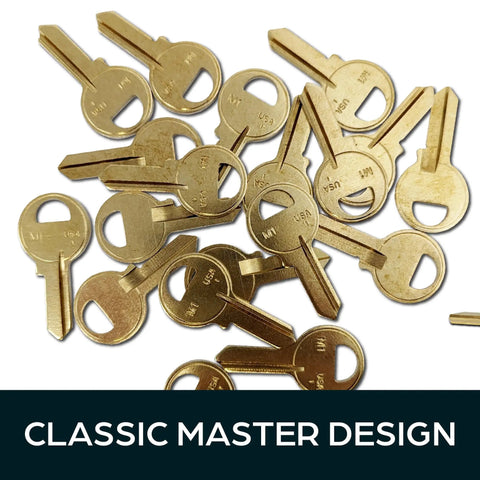 M1 Master Key Blanks in Premium Brass Uncut Keys for Home and Pro Use scattered in pack of 50