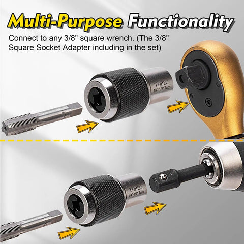 Tap Socket Set With Adjustable Jaws And 3/8 Inch Adapter, two tap sockets shown with wrench and tap in use illustration.