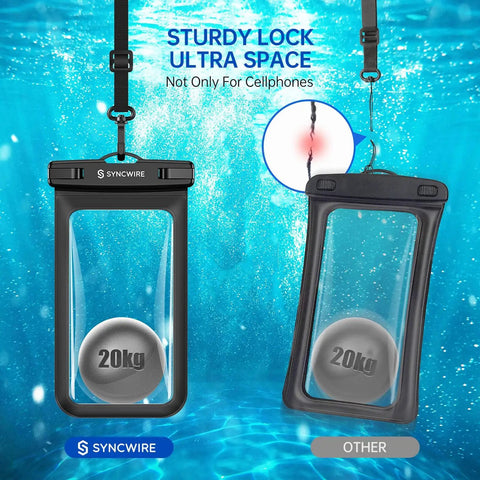 Keep It Dry No Stress Totally Waterproof Phone Pouch 2 Pack IPX8 Certified hanging underwater with a weight demonstration.