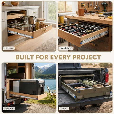 80 Inch Heavy Duty Locking Drawer Slides For Mobile Storage, 500 Lbs Per Pair, Yellow Lock Levers, Built Tough For Truck Bed Drawers, RV Compartments, Trailer Storage And Pull Out Cargo Trays in kitchen, workshop, camper and truck drawers