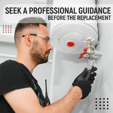 Water heater pilot assembly being installed; side view of technician wearing safety goggles and gloves by gas valve