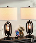 Lit 2 Pack 21.5 Inch 3 Way Dimmable Touch Table Lamps with USB, shown with rotary light, bulbs, and charging phone.