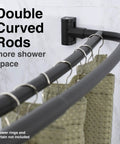 Badass Double Curved Shower Rod With Hella Elbow Room, Heavy Duty Aluminum And Zinc Mounting Hardware, Adjustable 44 To 70 Inches, Sleek Black Finish, Modern Bathware Essential, Absolute Game Changer close-up showing curved rod with mounting bracket