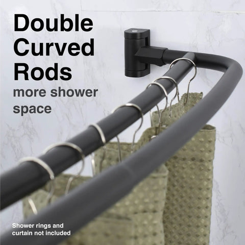 Badass Double Curved Shower Rod With Hella Elbow Room, Heavy Duty Aluminum And Zinc Mounting Hardware, Adjustable 44 To 70 Inches, Sleek Black Finish, Modern Bathware Essential, Absolute Game Changer close-up showing curved rod with mounting bracket