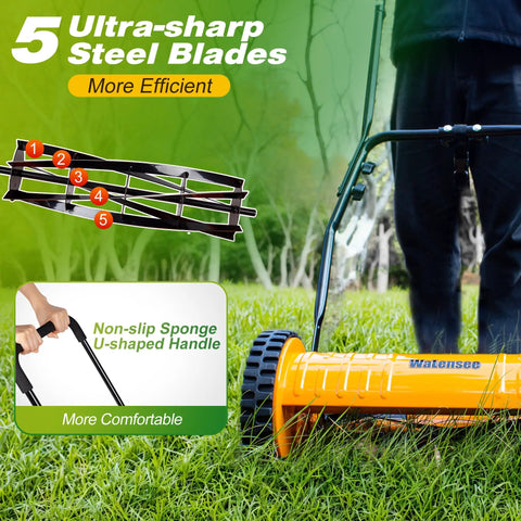 14 Inch Manual Push Reel Lawn Mower With 5 Blade Precision Cutting And Scissor Like Action For Clean Grass Snips, 4 Height Settings For Perfect Lawn Maintenance, Low Effort Yard Work, Quiet And Eco Friendly. 5 steel blades and sponge handle