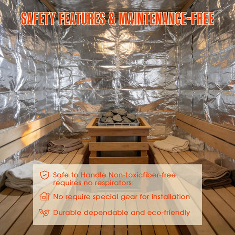 Pro Grade Sauna Foil Vapor Barrier Roll 500 Square Feet Aluminum radiant heat shield in a sauna interior with wooden benches.