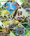Collage of Solar Bird Bath Fountain With Colorful LED Lights displaying adjustable spray heights and various installations.