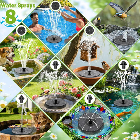 Collage of Solar Bird Bath Fountain With Colorful LED Lights displaying adjustable spray heights and various installations.