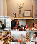 Collage showing uses of candles in home decor, yoga, dating, spa, party, living room, and gift settings.