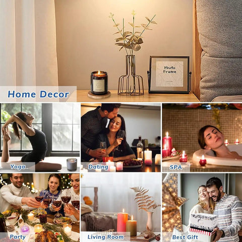Collage showing uses of candles in home decor, yoga, dating, spa, party, living room, and gift settings.