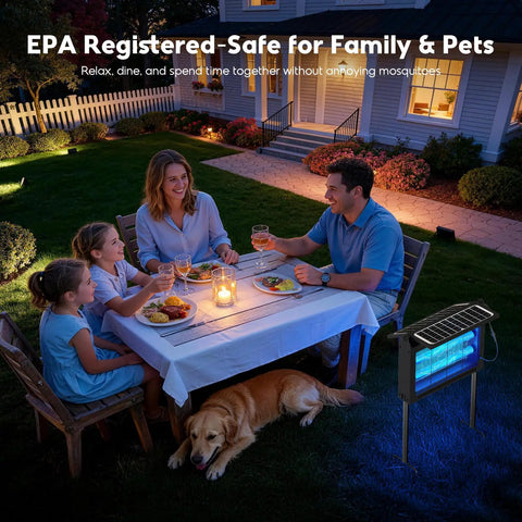 Family dining outdoors with Dual Powered Mosquito Zapper With 4500V Electric Grid USB Recharge Auto On Off IPX5 Waterproof.