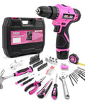Pink 147 Piece Tool Kit With Twelve Volt Cordless Drill And Three Eighth Inch Keyless Chuck Built In LED Type C Charge Cable Women Friendly Home DIY Set For All displayed with case and tools.