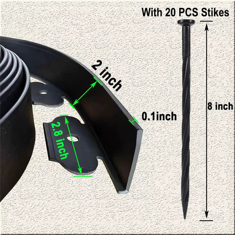 Close-up of Heavy Duty 22 Foot No Dig Landscape Edging Kit with 20 Anchoring Spikes, showing dimensions and spikes.