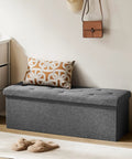 43 Inch Storage Ottoman Bench With Padded Gray Seat And Hidden Chest in living room, showing sturdy MDF frame and multi-purpose use.