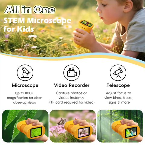 Kids 1000X Digital Microscope With 1080P HD Screen Handheld Science Toy for kids using yellow plastic body outdoors