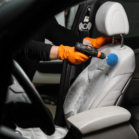 3 Inch Polishing Ball For Drill Detailing Adapter being used on car seat
