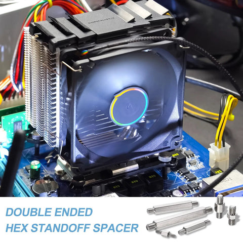 24-piece stainless steel double-ended hex stud spacers set with M6 threads, shown beside a PC cooler