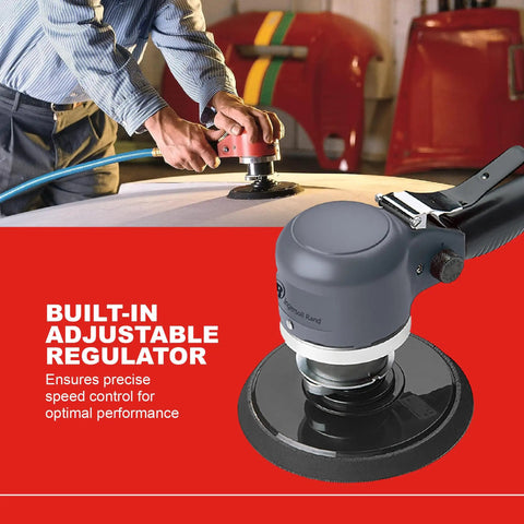 Dual Action 6 Inch Angle Air Sander With Quiet Orbit And Side Exhaust For Smooth Swirl Free Finishes, 12,000 RPM, 0.25 HP, Adhesive Pad, Silent Pro Grade Auto Body And Woodworking Workhorse in use on car body