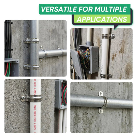 Conduit clamp, 3/4 in stainless steel with two holes securing vertical conduit to concrete wall
Conduit clamp, 3/4 in stainless steel two-hole U-bracket next to electrical box on wall
Conduit clamp, 3/4 in stainless steel on white PVC pipe, two-hole U-bracket
Conduit clamp, 3/4 in stainless steel securing horizontal conduit to concrete wall