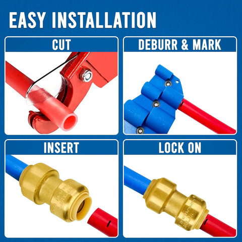 Easy installation steps for Plug And Play Three Quarter Inch To Three Quarter Inch Push Fit Straight Brass Couplings No Sweat Leak Proof Plumbing Connector.