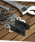 Heavy Duty Plastic Door Catch Latch With Spring Loaded Mechanism For Bedroom Camper And Cabinet Use on a wooden surface with tools.