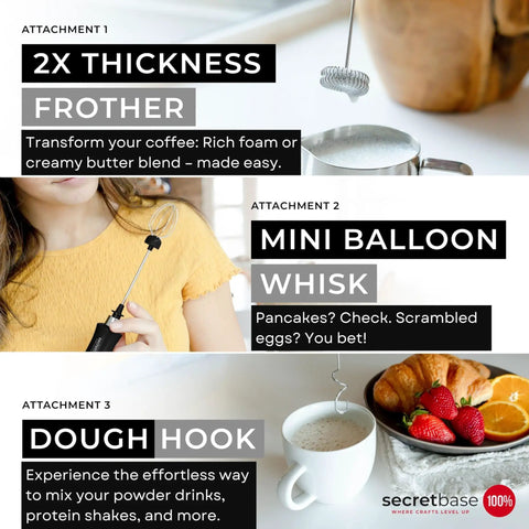Image showing attachments for Handheld USB C Rechargeable Milk Frother With 3 Speed Settings And Stainless Steel Double Whisk.