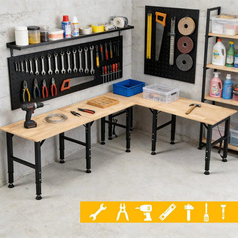 Adjustable Workbench With Power Outlet And ETL Certified USB Ports, Heavy Duty 1500 Lbs Load Capacity Hardwood Work Table in garage.