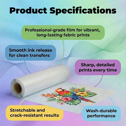 Direct To Film Roll 13 Inch By 328 Feet A3 Plus PET Double Sided Matte Clear 75 Micron Anti Static Hot Peel with colorful print