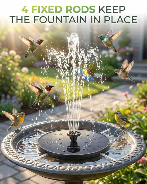 Solar Fountain Kit For Bird Bath And Ponds With 1.4W Pump, 7 Nozzles, And 4 Fixed Pipes in decorative garden setting