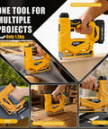 Heavy Duty 3 In 1 Cordless Staple Gun Runs On 21V Power And Shoots T50 Staples Plus 18 Gauge Brad Nails Up To Five Eighths Inch Into Fabric Carpet And Foam For Zero Hassle Crafts That Never Break A Sweat. Yellow stapler showcased in various project applications, demonstrating its versatility.