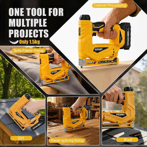Heavy Duty 3 In 1 Cordless Staple Gun Runs On 21V Power And Shoots T50 Staples Plus 18 Gauge Brad Nails Up To Five Eighths Inch Into Fabric Carpet And Foam For Zero Hassle Crafts That Never Break A Sweat. Yellow stapler showcased in various project applications, demonstrating its versatility.