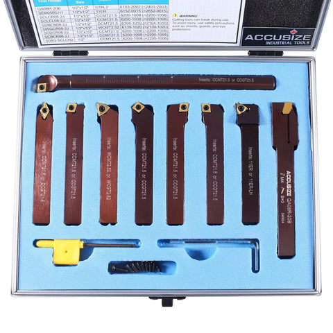 Half Inch Indexable Carbide Turning Tools And Boring Bar Set, Pro Grade 9 Piece Lathe Tool Kit With Black Oxide Finish in box