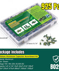 Dope 925Pcs Electrolytic Capacitors Kit With 36 Values In A Clear Plastic Case on display, showing green aluminum caps