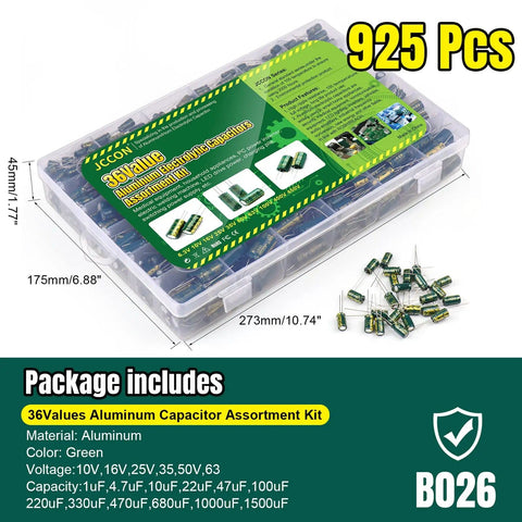 Dope 925Pcs Electrolytic Capacitors Kit With 36 Values In A Clear Plastic Case on display, showing green aluminum caps