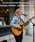 Street performer playing guitar using Rugged Quarter Inch TRS Guitar Cable 10ft 2-Pack Straight 6.35mm Instrument Cord.