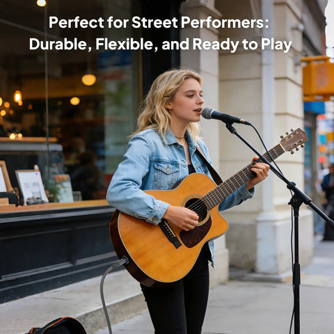 Street performer playing guitar using Rugged Quarter Inch TRS Guitar Cable 10ft 2-Pack Straight 6.35mm Instrument Cord.