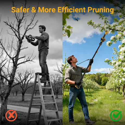 Heavy Duty 2 In 1 Electric Pruning Shears With A Telescoping Pole Reaching 15 Feet used for safe pruning without a ladder.