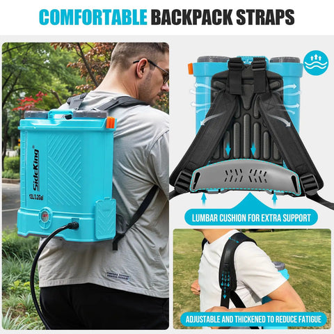 Beast Battery Powered Backpack Sprayer 3.2 Gallon with adjustable straps, shown on a person outdoors, compatible with Makita 18V.