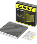 CARORY cabin air filter with activated carbon; grey pleated filter with yellow-and-black box and installation guide.