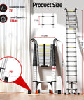 Telescoping Ladder Pro 24.6 Ft With 330 Lbs Capacity, EN 131 Certified, No Standing Zone Top Rungs, Heavy Duty Aluminum, Easy Extend Mechanism, Safe And Stable Ladder For Indoor And Outdoor Projects. Product size and 75° angle diagram