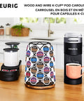 K Cup Carousel Coffee Pod Holder With 360 Degree Rotation Acacia Wood Base And Matte Black Metal Finish Holds 49 K Cup Pods Modern Grab And Go Countertop Organizer For Busy Mornings displayed in a kitchen setting.