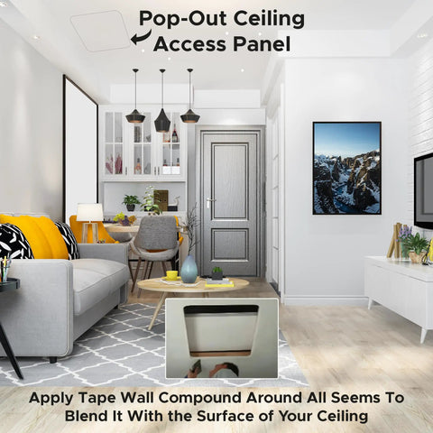 No Sweat 18 x 18 Flush Mount Ceiling Access Panel Built Like A Tank With Glass Fiber Reinforced Gypsum in modern living room setting.