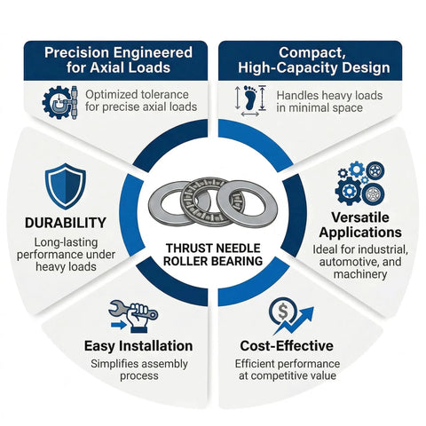 Infographic of Pro Grade Heavy Duty Needle Roller Thrust Bearing and Washer Set for axial load machines with benefits highlighted.