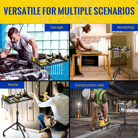 Portable Rolling Tool Cart With Adjustable Height, Magnetic Strip And Hooks, used in various workshop scenarios.