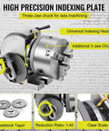 Badass Universal Indexing Head With Direct 3 Jaw Mount For Vertical Horizontal Milling Machines Including Tough Tailstock Precision Dividing Plates And Sweet 4 5 6 Inch Options For Machine Shop Tasks close-up of three-jaw chuck and indexing plate with scale