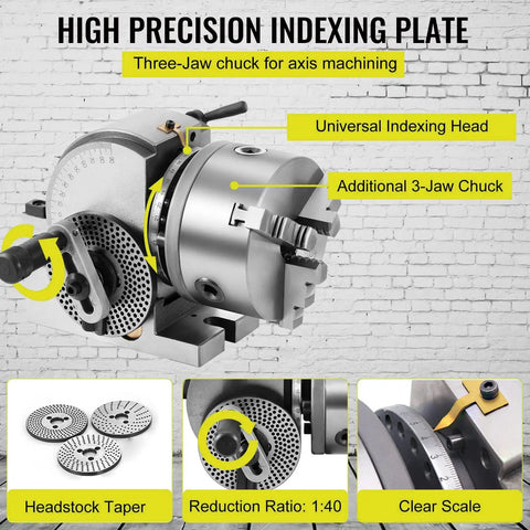 Badass Universal Indexing Head With Direct 3 Jaw Mount For Vertical Horizontal Milling Machines Including Tough Tailstock Precision Dividing Plates And Sweet 4 5 6 Inch Options For Machine Shop Tasks close-up of three-jaw chuck and indexing plate with scale