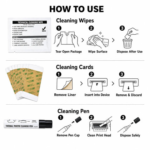 Upgrade ID Card Printer Game With This Complete Maintenance Kit Featuring Four Printhead Cleaning Pens Ten Adhesive Scrub Cards And Fifty Premium Wipes To Tackle Greasy Buildup Without Breaking A Sweat. Instructions for using cleaning wipes, cards, and pen.